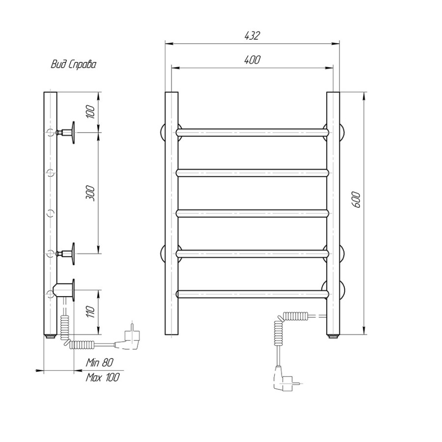 Полотенцесушитель электрический Domoterm Классик DMT 109-5 40x60 ЧРН EKR, ширина 40 см, высота 60 см, подключение справа, черный матовый