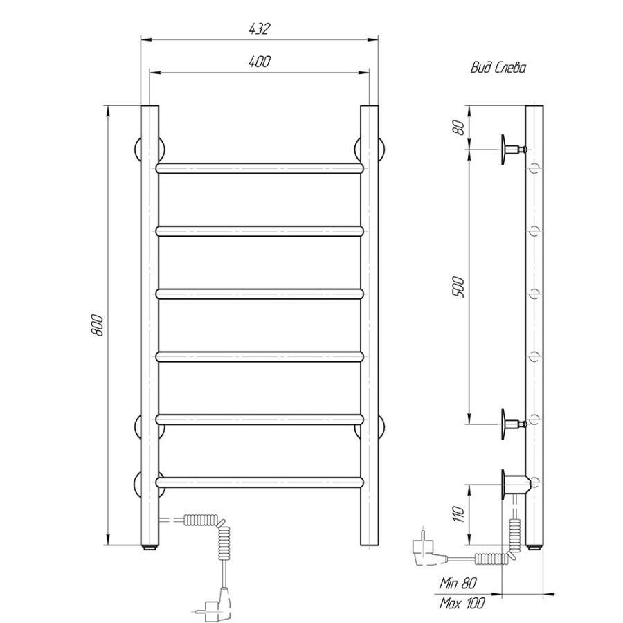 Полотенцесушитель электрический Domoterm Аврора DMT 109-6 40x80 ЧРН EKL, ширина 40 см, высота 80 см, подключение слева, черный матовый