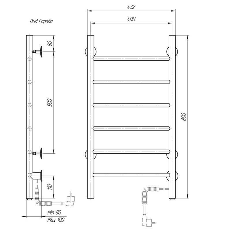 Полотенцесушитель электрический Domoterm Аврора DMT 109-6 40x80 ЧРН EKR, ширина 40 см, высота 80 см, подключение справа, черный матовый
