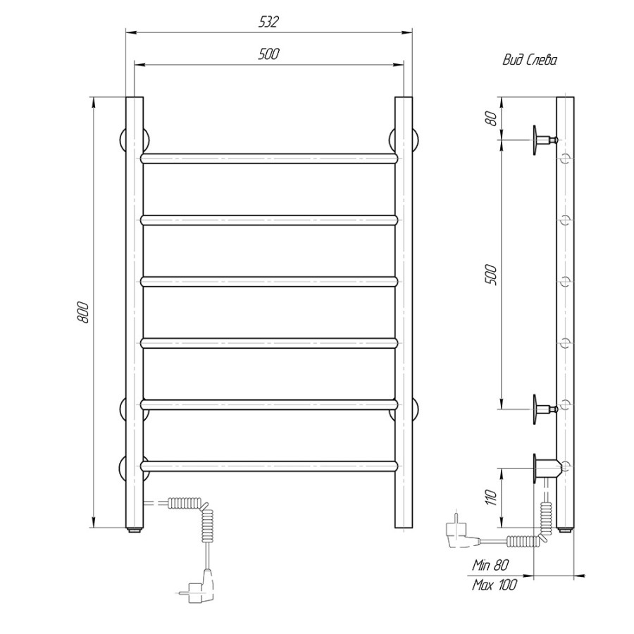 Полотенцесушитель электрический Domoterm Классик DMT 109-6 50x80 ЧРН EKL, ширина 50 см, высота 80 см, подключение слева, черный матовый