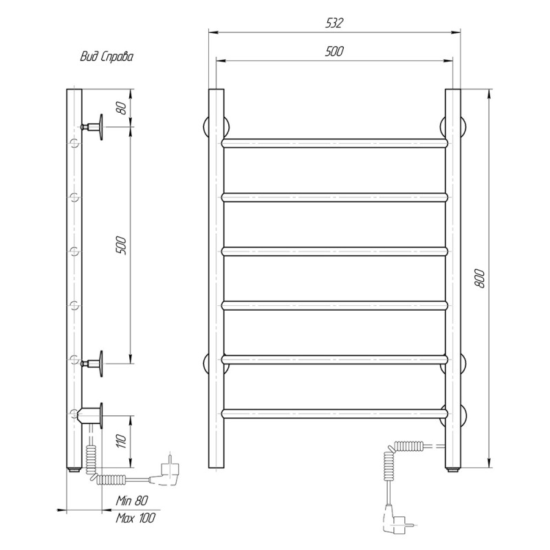 Полотенцесушитель электрический Domoterm Классик DMT 109-6 50x80 ЧРН EKR, ширина 50 см, высота 80 см, подключение справа, черный матовый
