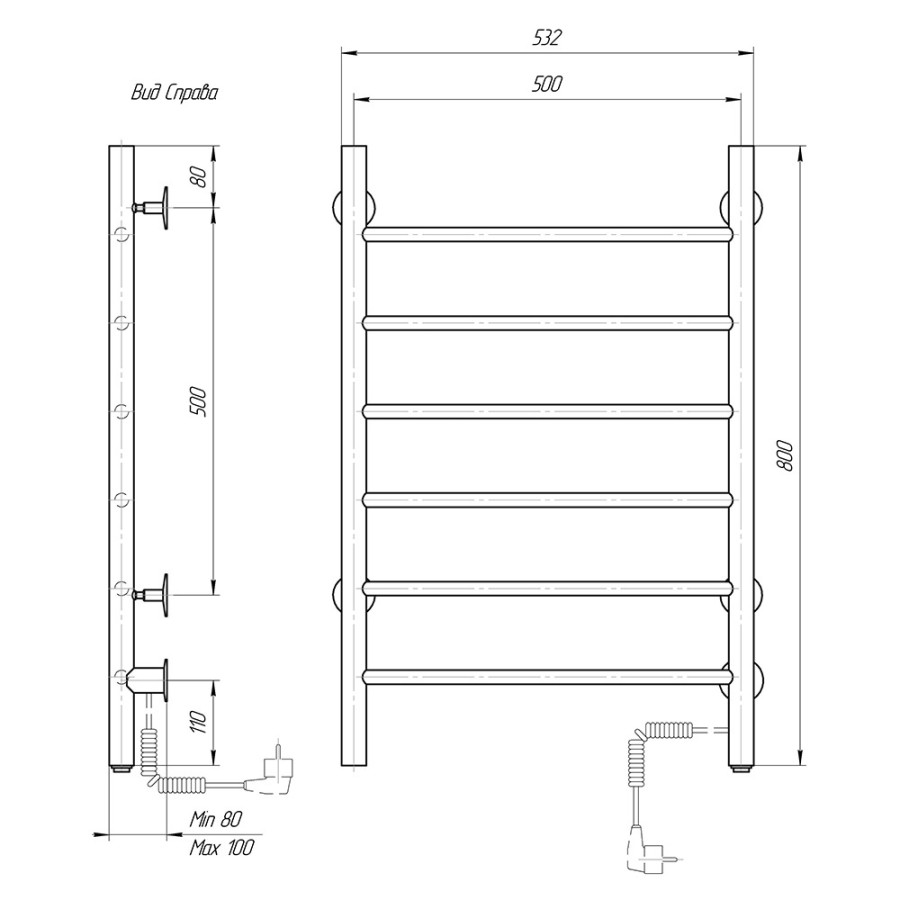 Полотенцесушитель электрический Domoterm Классик DMT 109-6 50x80 ЧРН EKR, ширина 50 см, высота 80 см, подключение справа, черный матовый