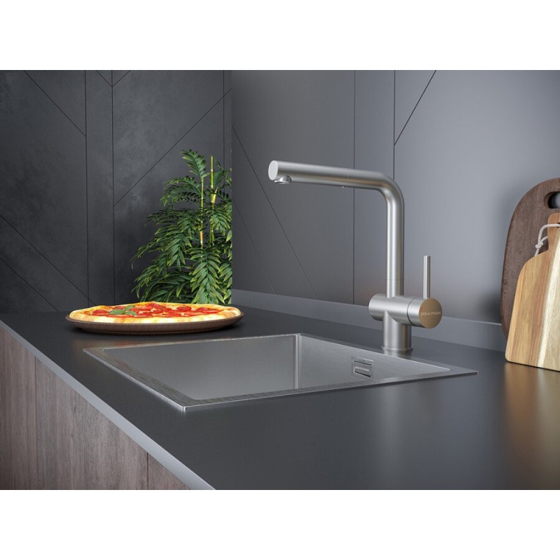 Смеситель Paulmark Dosse Do214418-BS для кухонной мойки, с выдвижным изливом, брашированная сталь