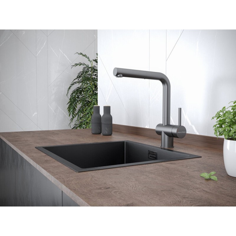 Смеситель Paulmark Dosse Do214418-GM для кухонной мойки, с выдвижным изливом, вороненая сталь