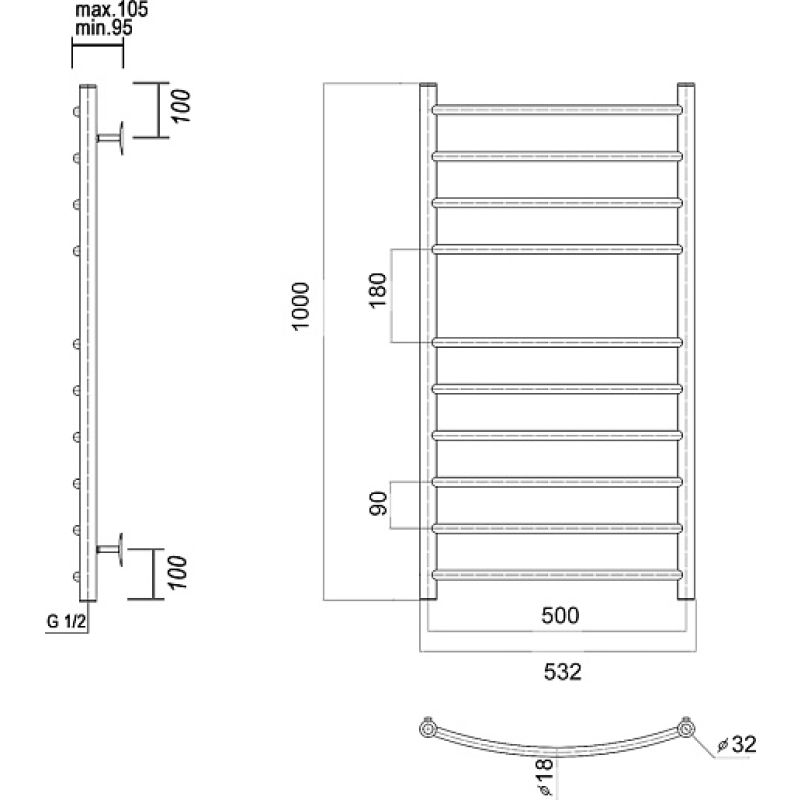 Водяной полотенцесушитель из нержавеющей стали калипсо п10 500x1000,хром domoterm