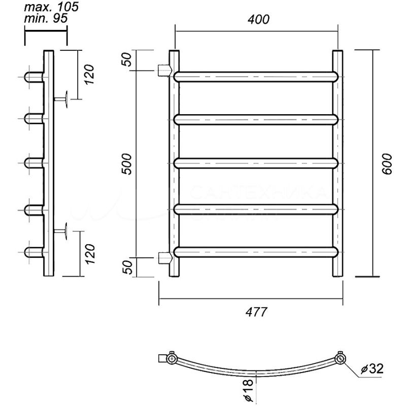 Полотенцесушитель водяной domoterm калипсо п5 40x60, с боковым подключением, хром