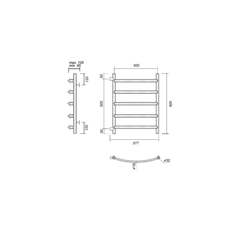 Водяной полотенцесушитель из нержавеющей стали с боковым подключением калипсо п5 500x600-500, хром domoterm