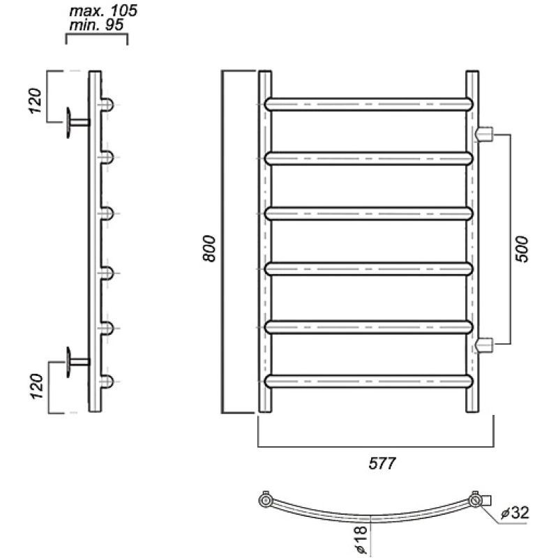 Водяной полотенцесушитель из нержавеющей стали с боковым подключением калипсо п6 500х800-500, хром domoterm