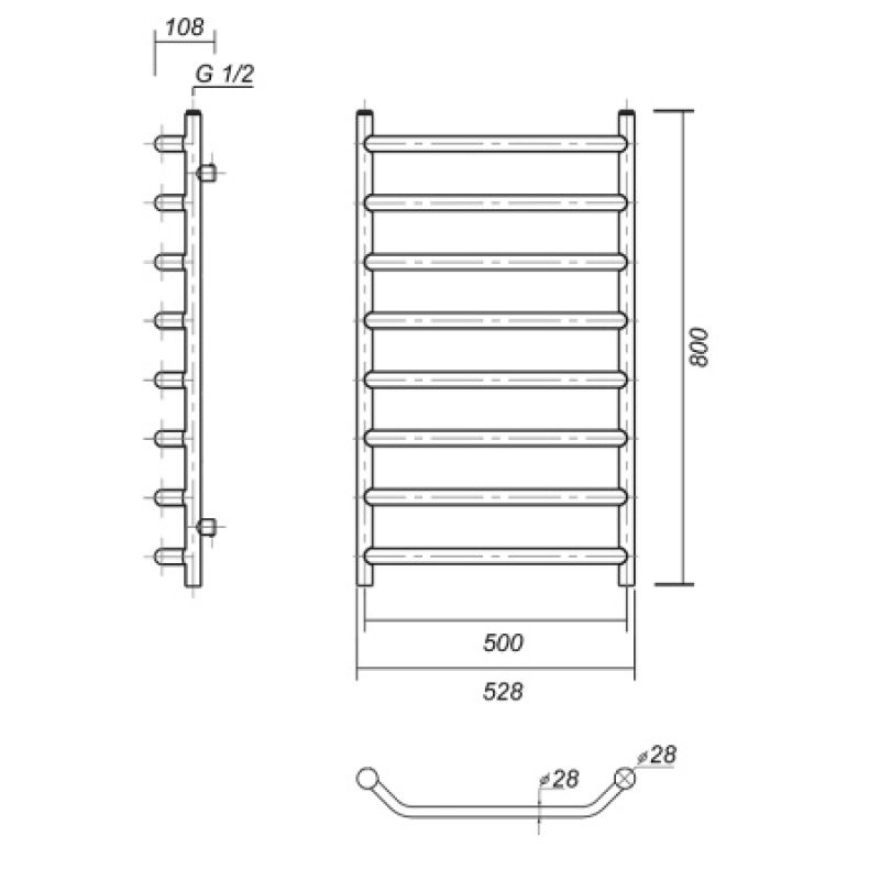 Водяной полотенцесушитель из латуни в цвете античная бронза лаура плюс п8 500x800 абр domoterm