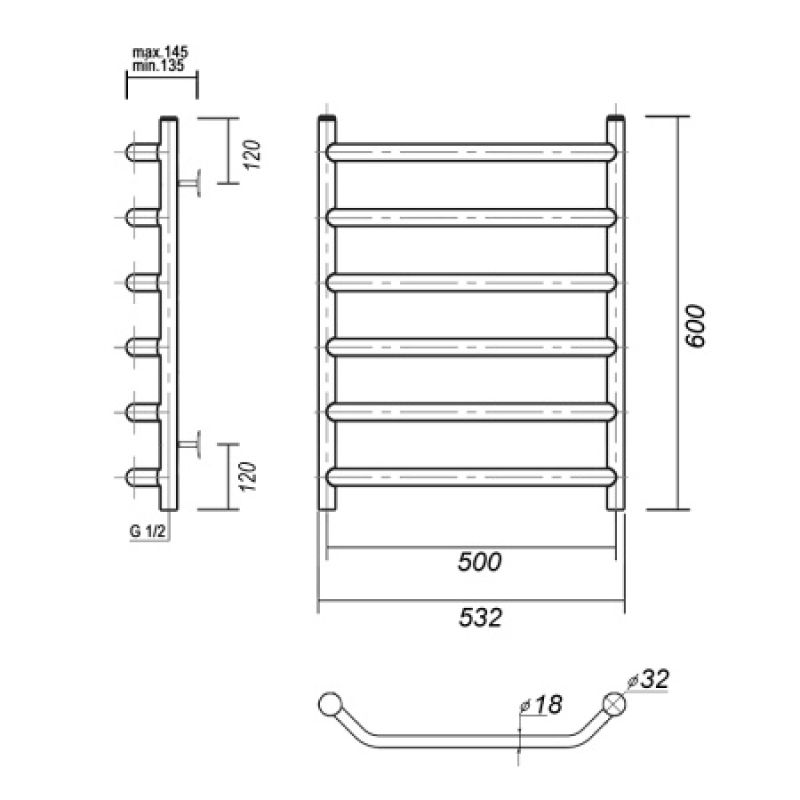 Водяной полотенцесушитель из нержавеющей стали лаура п6 500x600, хром domoterm