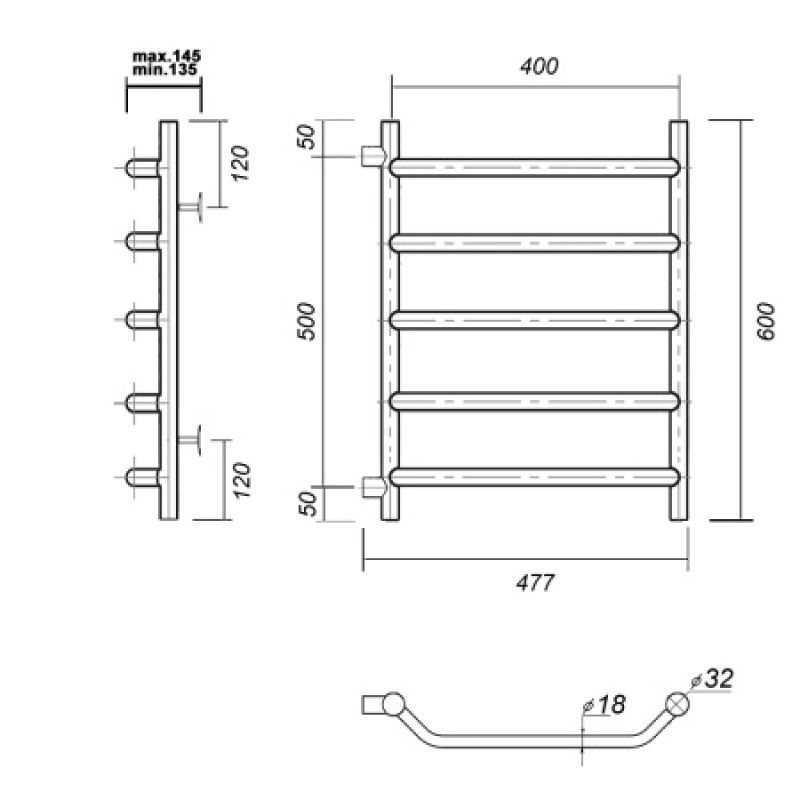 Водяной полотенцесушитель из нержавеющей стали с боковым подключением лаура п5 400x600-500, хром domoterm
