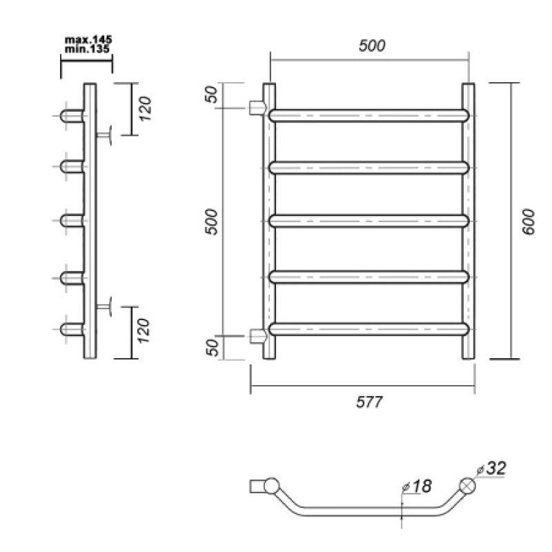 Водяной полотенцесушитель из нержавеющей стали с боковым подключением лаура п5 500x600-500, хром domoterm