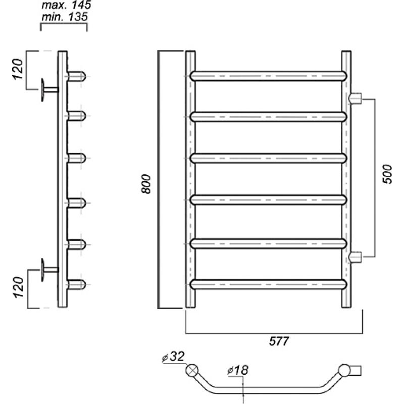 Водяной полотенцесушитель из нержавеющей стали с боковым подключением лаура п6 500х800-500, хром domoterm