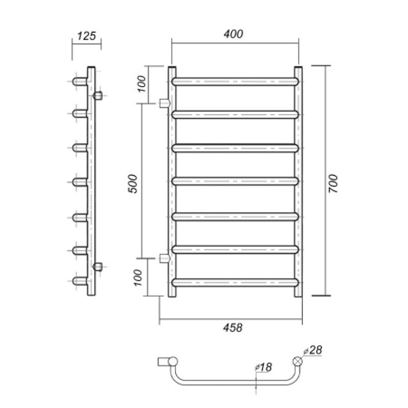 Водяной полотенцесушитель из латуни в цвете античная бронза с боковым подключением стефано п7 400x700-500 абр domoterm