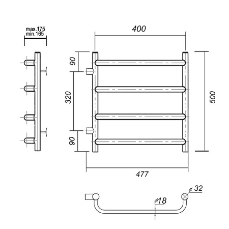 Водяной полотенцесушитель из нержавеющей стали с боковым подключением стефано п4 400x500-320,хром domoterm