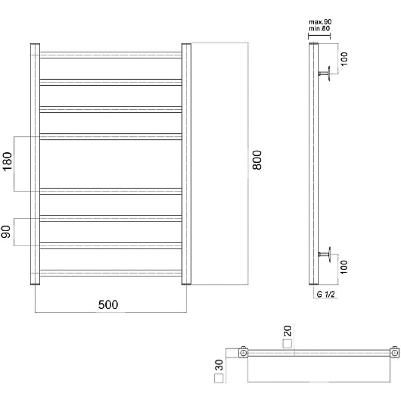 Водяной полотенцесушитель из нержавеющей стали domoterm квадро п8 500х800 золото