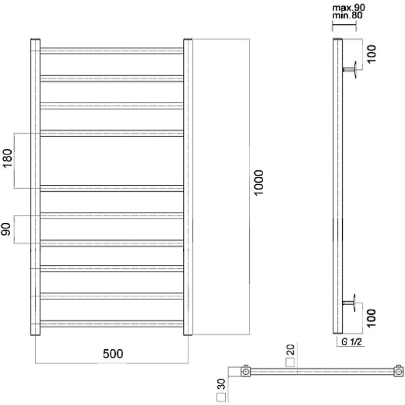 Водяной полотенцесушитель из нержавеющей стали domoterm квадро п10 500х1000 золото