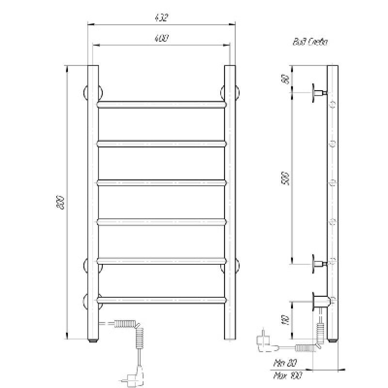 Электрический полотенцесушитель domoterm аврора  109-6 40х80 чрн ek l