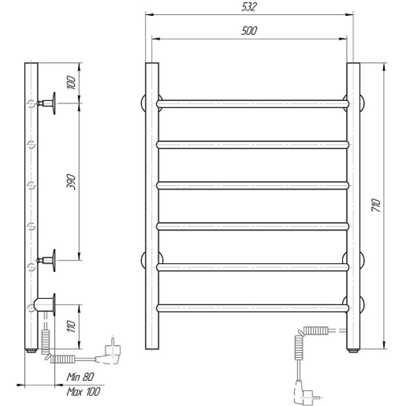 Электрический полотенцесушитель domoterm аврора  черный  109-6 50x71 чрн ek r