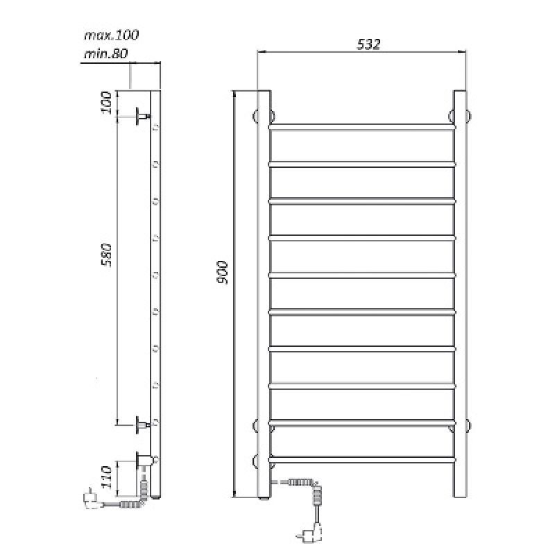 Электрический полотенцесушитель domoterm аврора  черный  109-10 50x90 чрн ek l
