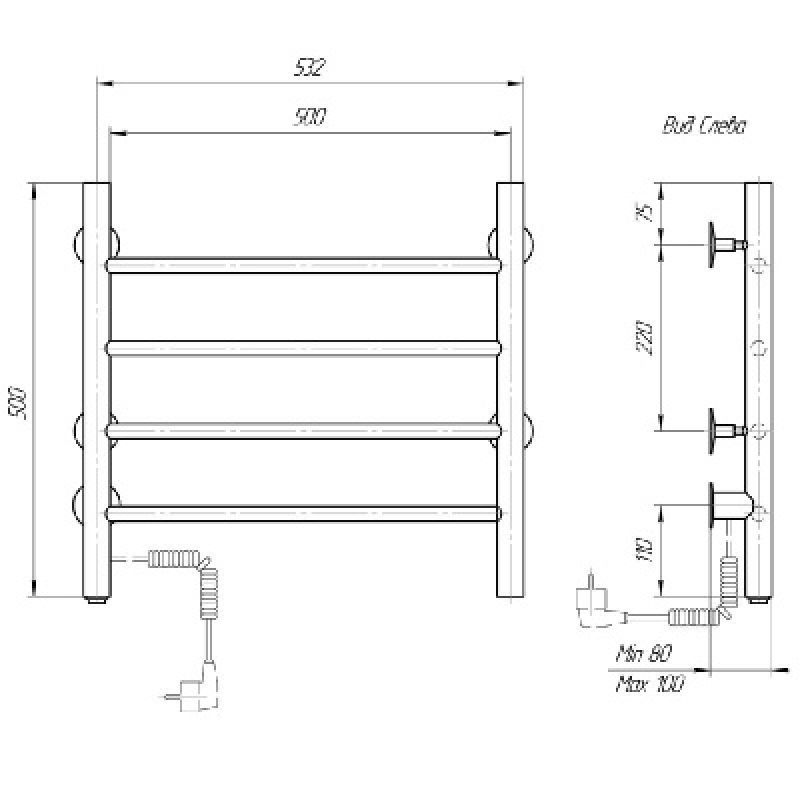 Электрический полотенцесушитель domoterm классик  черный 109-4 50x50 чрн ek l