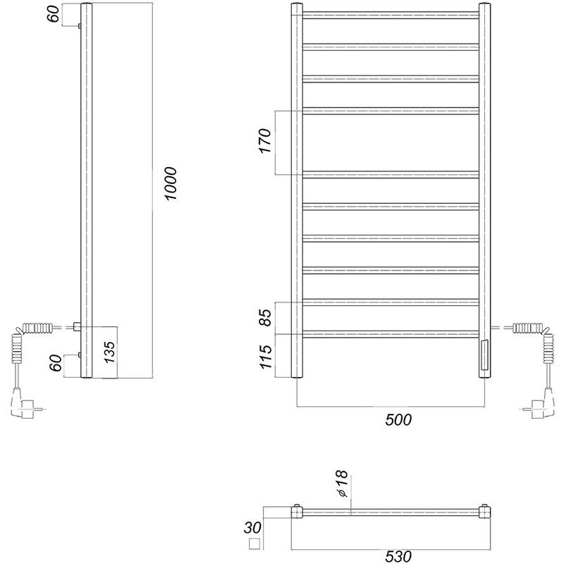 Электрический полотенцесушитель черный domoterm куба п10 500x1000 чрн ek r