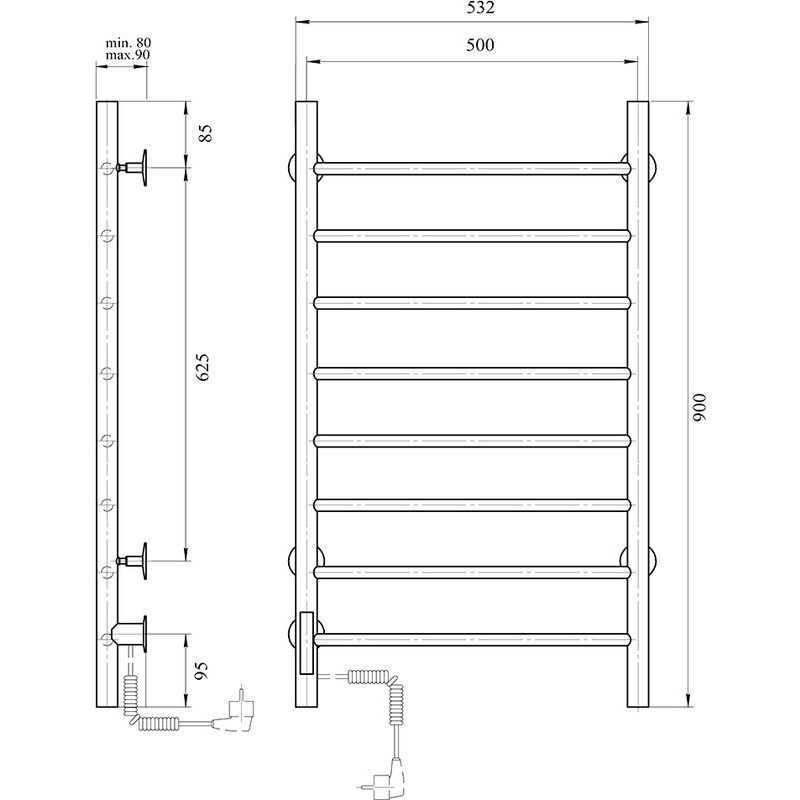 Полотенцесушитель электрический domoterm аврора dmt 109-8 50x90, хром, l