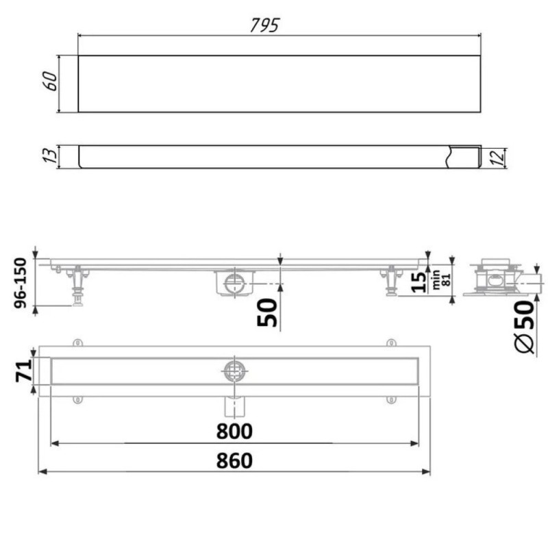 Дренажный канал Timo Drain Protect DP20800-PG20800, 80 см, с двусторонней панелью PG20 под плитку, цвет сатин