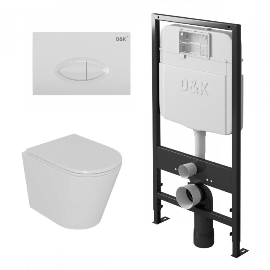 Комплект D&K Venice DS1021608, инсталляция DI8055119 с безободковым унитазом DT1026016 белый, сиденье микролифт, клавиша смыва белая DB1399016