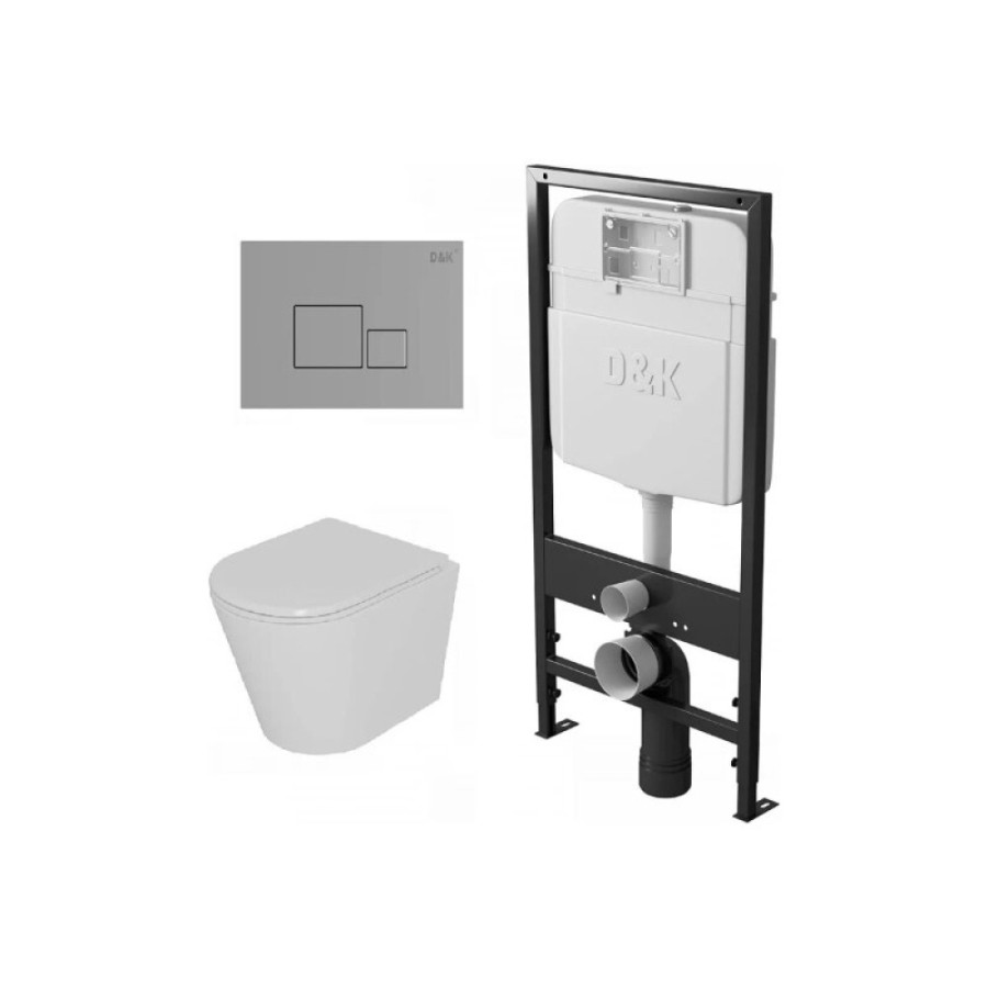 Комплект D&K Venice DS1021610, инсталляция DI8055119 с безободковым унитазом DT1026516 белый, смыв торнадо, сиденье микролифт, клавиша смыва хром DB1519001