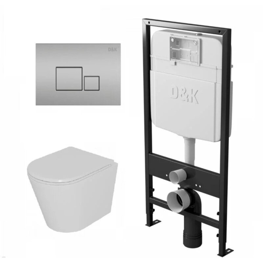 Комплект D&K Venice DS1021611, инсталляция DI8055119 с безободковым унитазом DT1026516 белый, смыв торнадо, сиденье микролифт, клавиша смыва хром матовый DB1519002