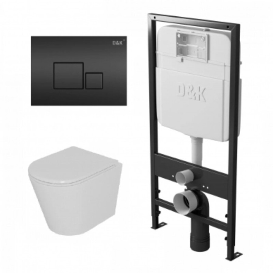 Комплект D&K Venice DS1021612, инсталляция DI8055119 с безободковым унитазом DT1026516 белый, смыв торнадо, сиденье микролифт, клавиша смыва черная DB1519025
