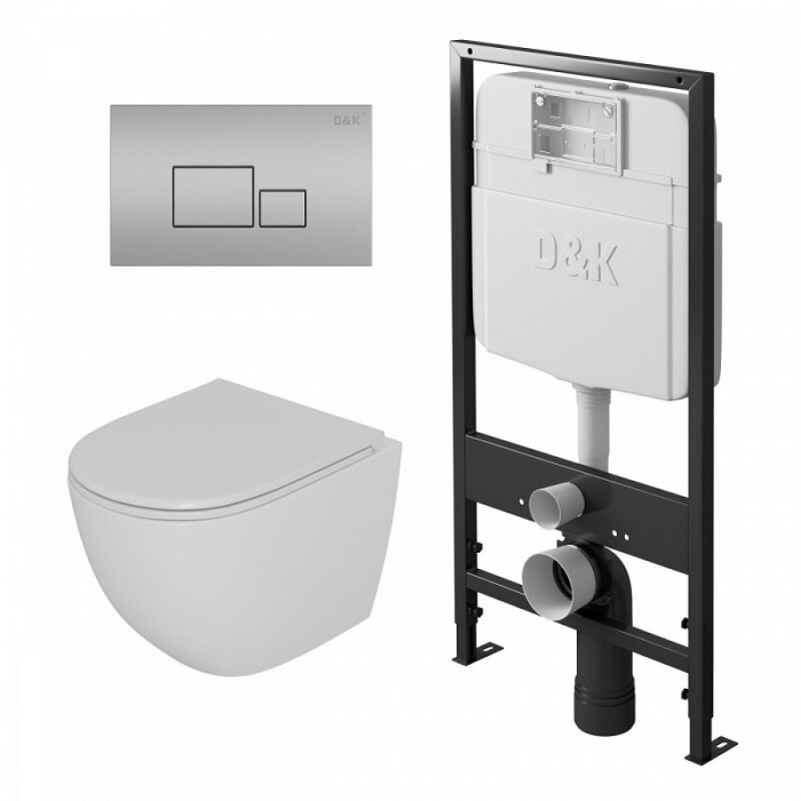 Инсталляция D&K с безободковым унитазом Matrix DS1391604, сиденье микролифт, клавиша хром матовый, цвет белый