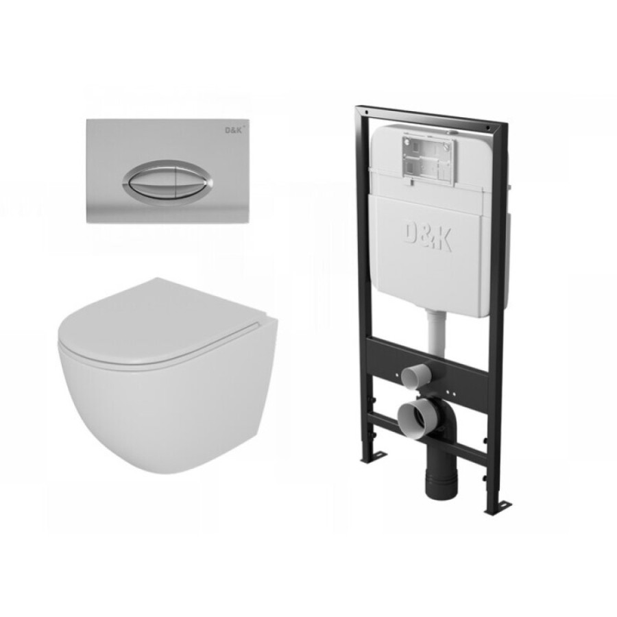 Комплект D&K Matrix DS1391609, инсталляция DI8055119 с безободковым унитазом DT1396016 белый, сиденье микролифт, клавиша смыва хром DB1399001