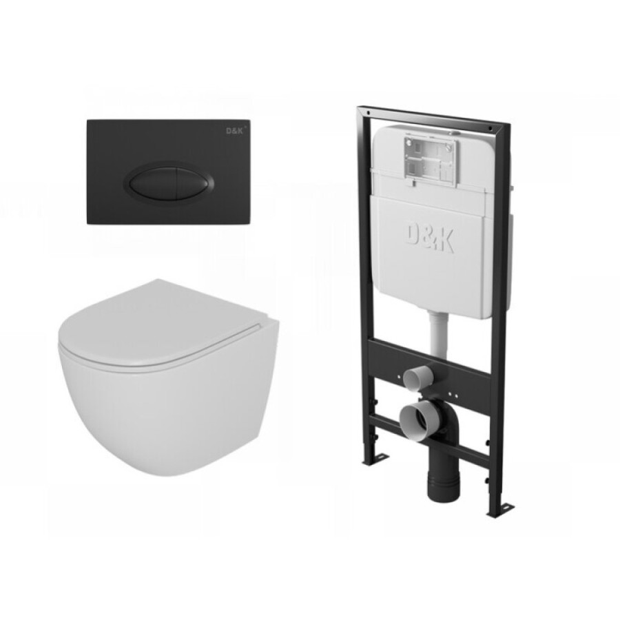 Комплект D&K Matrix DS1391610, инсталляция DI8055119 с безободковым унитазом DT1396016 белый, сиденье микролифт, клавиша смыва черная DB1399025