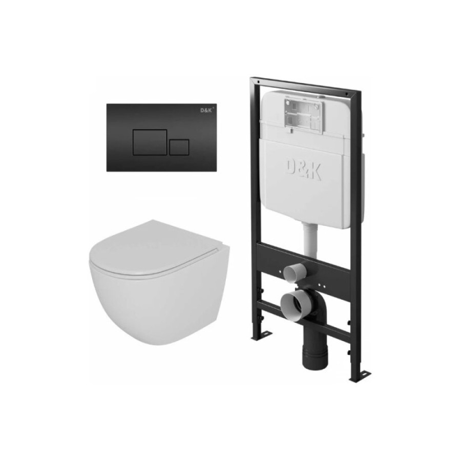 Комплект D&K Matrix DS1391611, инсталляция DI8055119 с безободковым унитазом DT1396016 белый, сиденье микролифт, клавиша смыва черная DB1519025