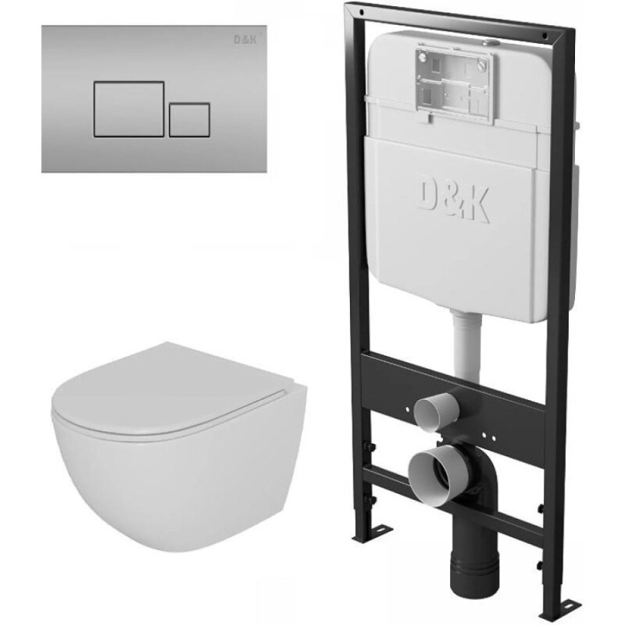 Комплект D&K Matrix DS1391612, инсталляция DI8055119 с безободковым унитазом DT1396516 белый, смыв торнадо, сиденье микролифт, клавиша смыва хром матовый DB1519002