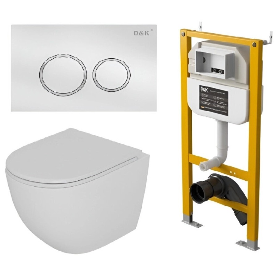 Комплект D&K Matrix DS1391614, инсталляция DI8050127 с безободковым унитазом DT1396016 белый, сиденье микролифт, клавиша смыва белая DB1529016