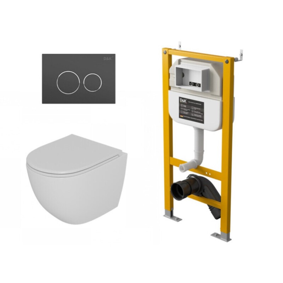Комплект D&K Matrix DS1391621, инсталляция DI8050127 с безободковым унитазом DT1396016 белый, сиденье микролифт, клавиша смыва графит DB1529006
