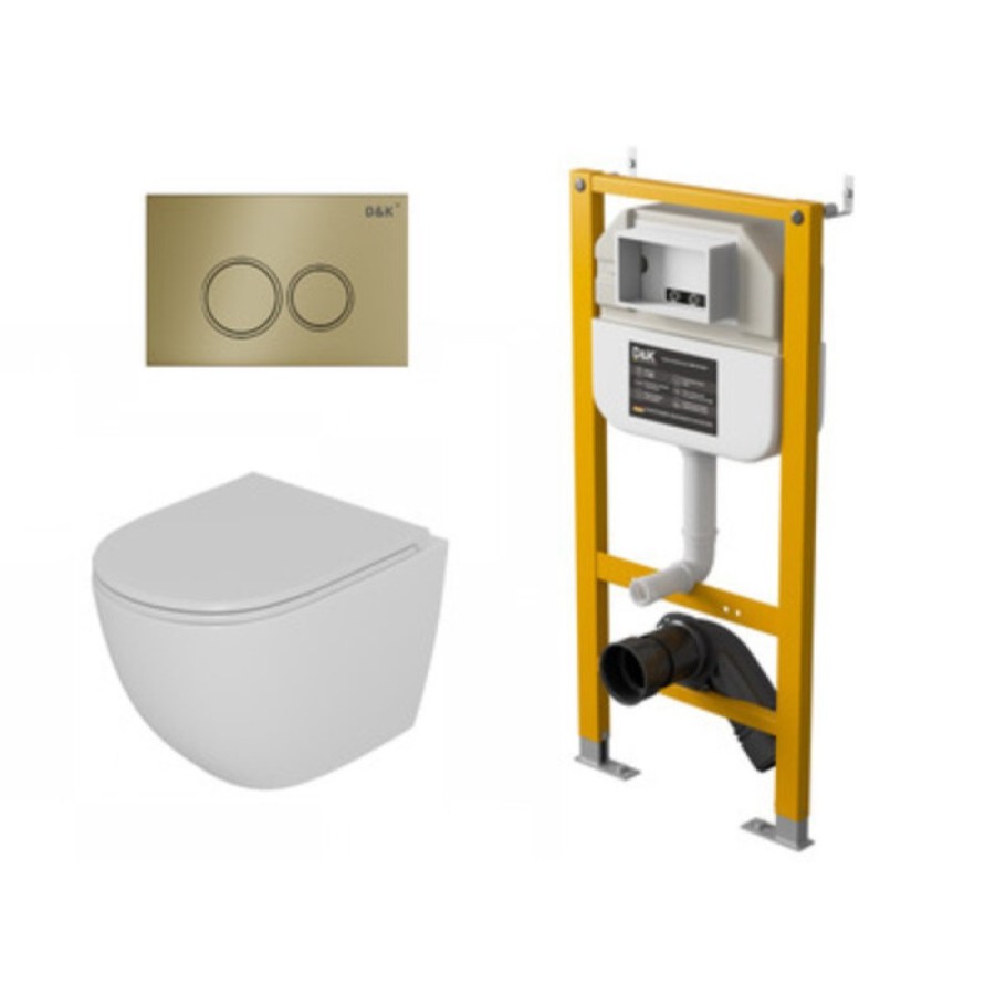 Комплект D&K Matrix DS1391624, инсталляция DI8050127 с безободковым унитазом DT1396516 белый, смыв торнадо, сиденье микролифт, клавиша смыва золото матовое DB1529007