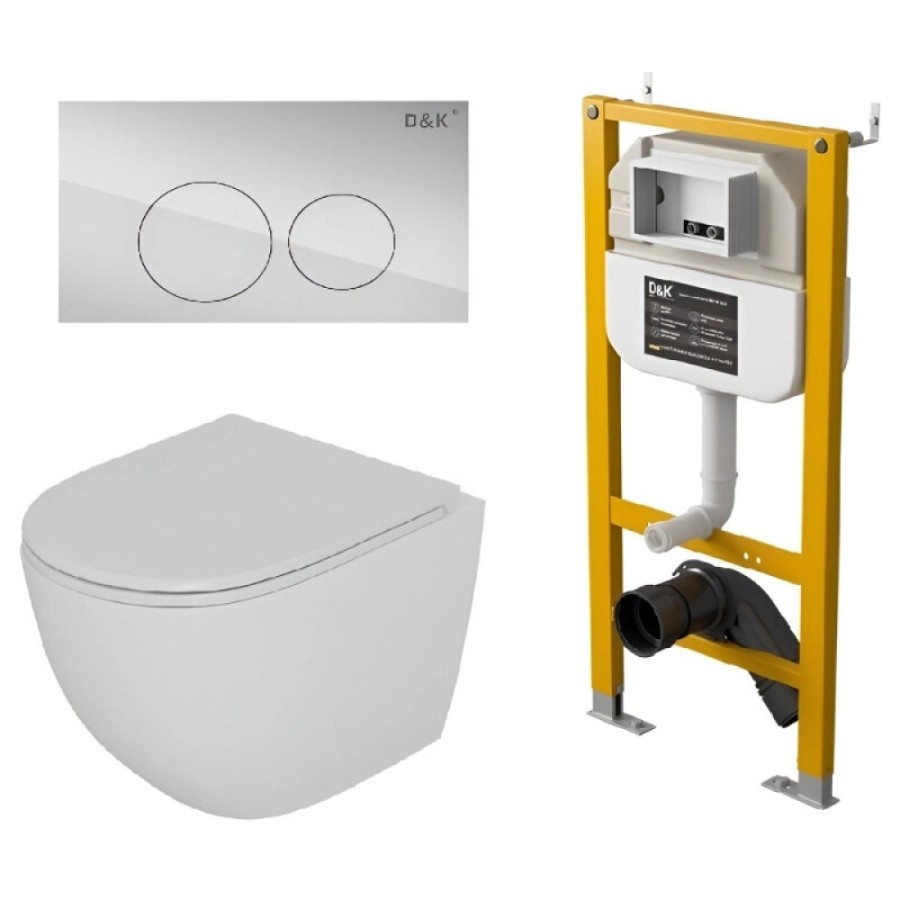 Комплект D&K Matrix DS1391625, инсталляция DI8050127 с безободковым унитазом DT1396016 белый, сиденье микролифт, клавиша смыва хром DS1391625