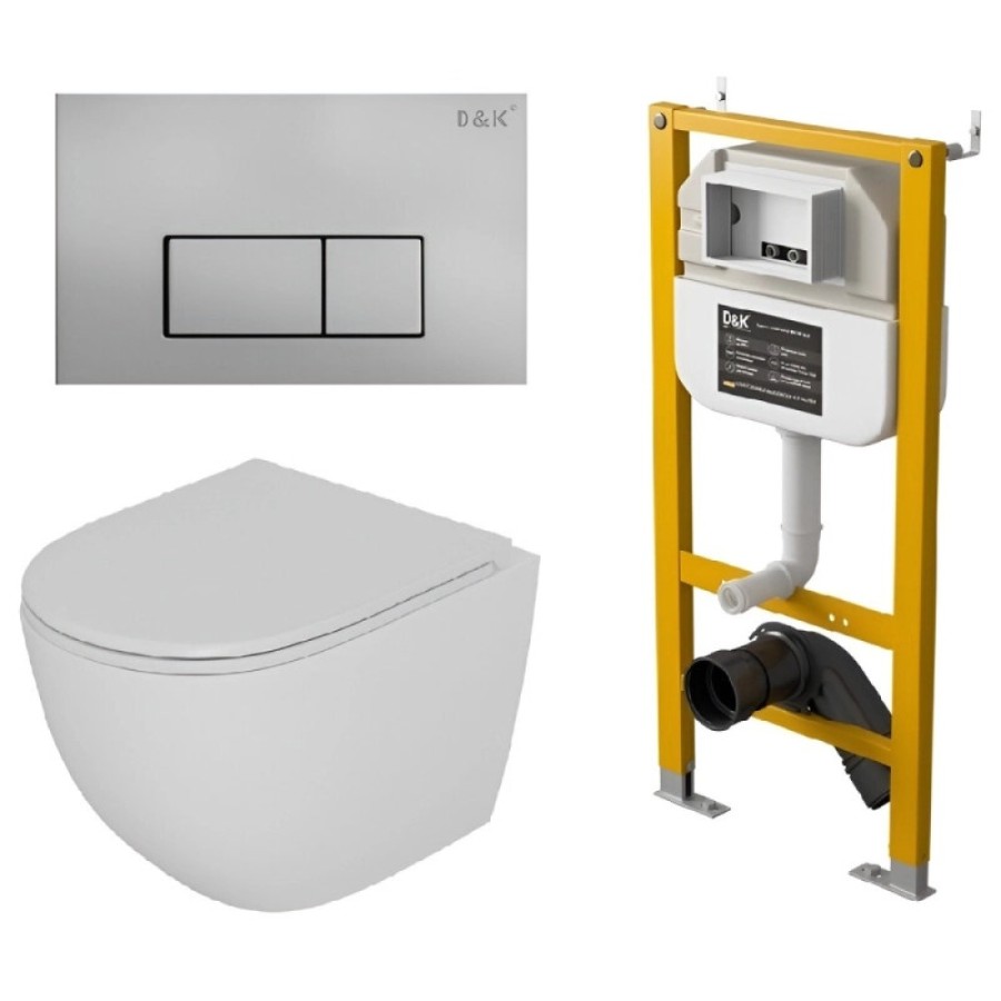 Комплект D&K Matrix DS1391626, инсталляция DI8050127 с безободковым унитазом DT1396016 белый, сиденье микролифт, клавиша смыва хром матовый DB1499002