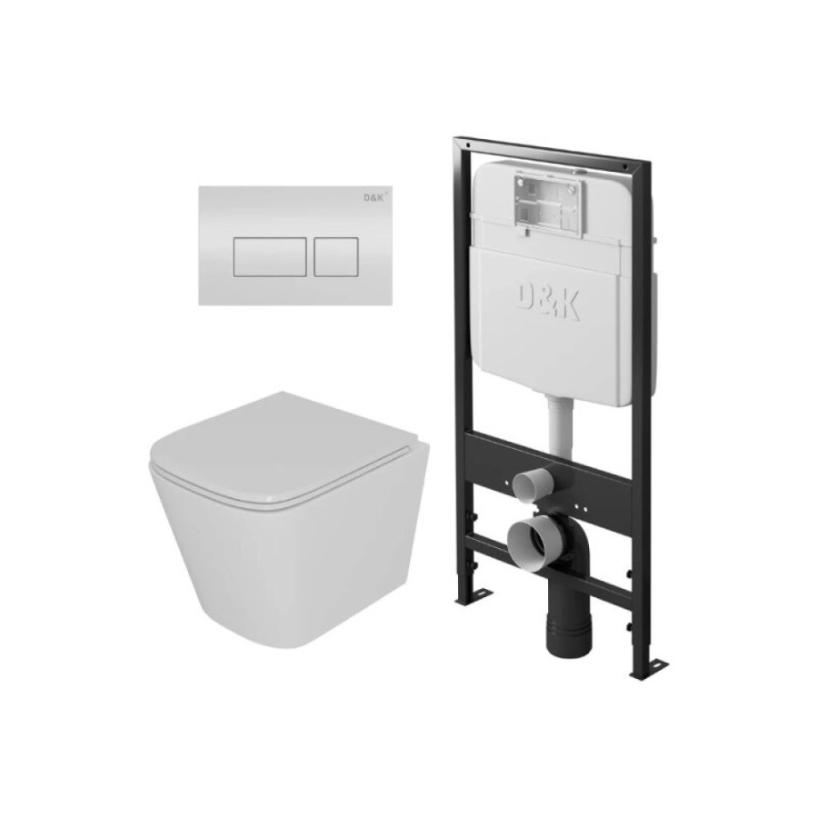Комплект D&K Berlin DS1431601, инсталляция DI8055119 с безободковым унитазом DT1436016 белый, сиденье микролифт, клавиша смыва белая DB1439016