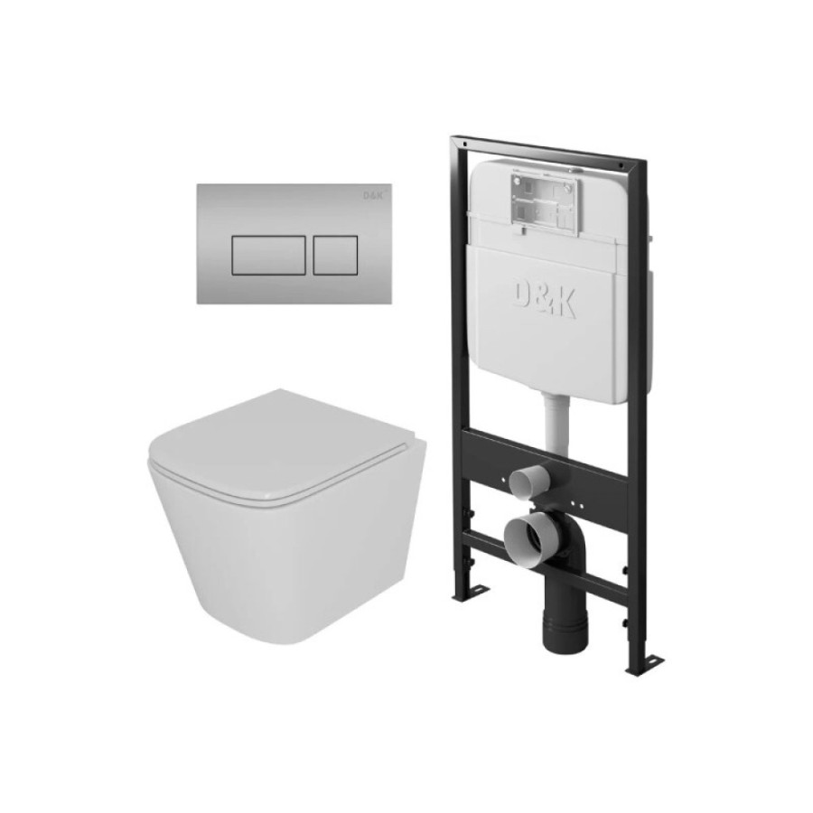 Комплект D&K Berlin DS1431603, инсталляция DI8055119 с безободковым унитазом DT1436016 белый, сиденье микролифт, клавиша смыва хром матовый DB1439002