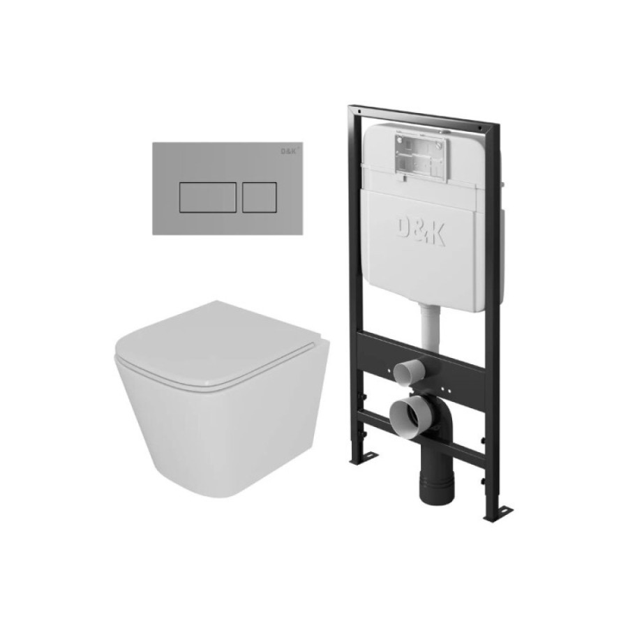 Комплект D&K Berlin DS1431605, инсталляция DI8055119 с безободковым унитазом DT1436016 белый, сиденье микролифт, клавиша смыва хром DB1439001