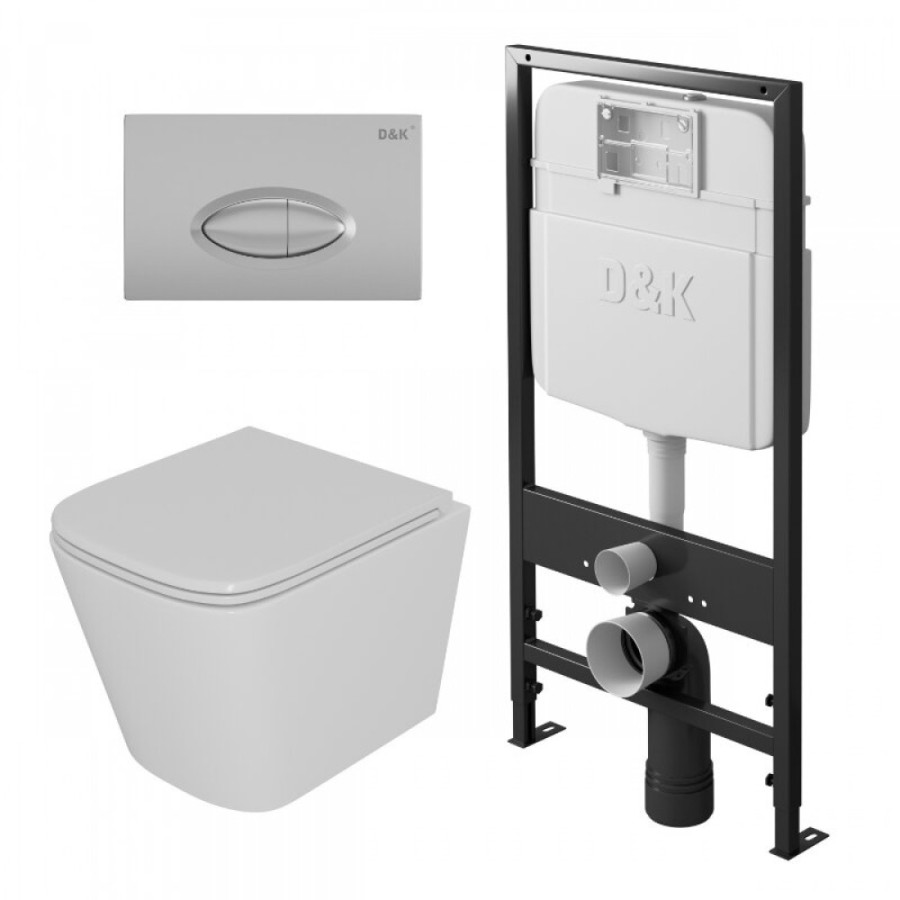 Комплект D&K Berlin DS1431608, инсталляция DI8055119 с безободковым унитазом DT1436016 белый, сиденье микролифт, клавиша смыва хром матовый DB1399002