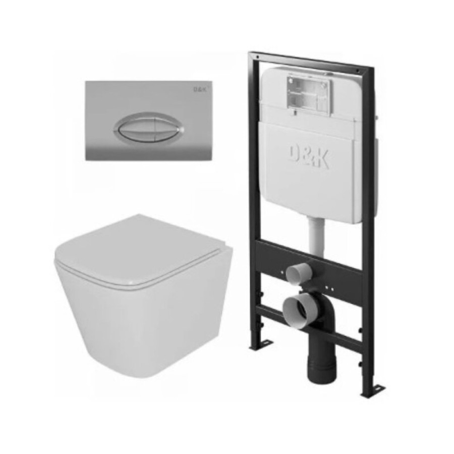 Комплект D&K Berlin DS1431609, инсталляция DI8055119 с безободковым унитазом DT1436016 белый, сиденье микролифт, клавиша смыва хром DB1399001