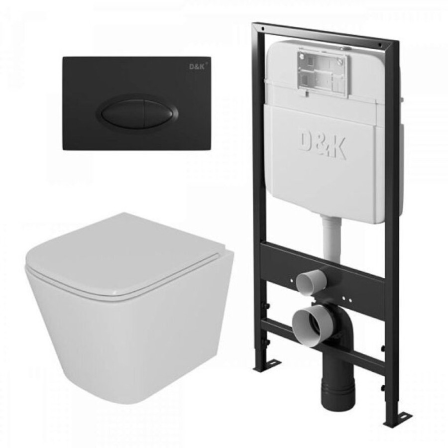 Комплект D&K Berlin DS1431610, инсталляция DI8055119 с безободковым унитазом DT1436016 белый, сиденье микролифт, клавиша смыва черная матовая DB1399025