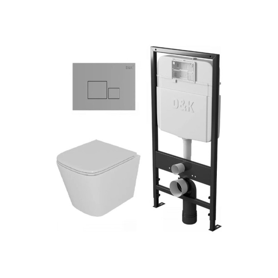 Комплект D&K Berlin DS1431612, инсталляция DI8055119 с безободковым унитазом DT1436516 белый, смыв торнадо, сиденье микролифт, клавиша смыва хром DB1519001