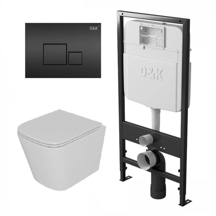 Комплект D&K Berlin DS1431614, инсталляция DI8055119 с безободковым унитазом DT1436516 белый, смыв торнадо, сиденье микролифт, клавиша смыва черный DB1519025